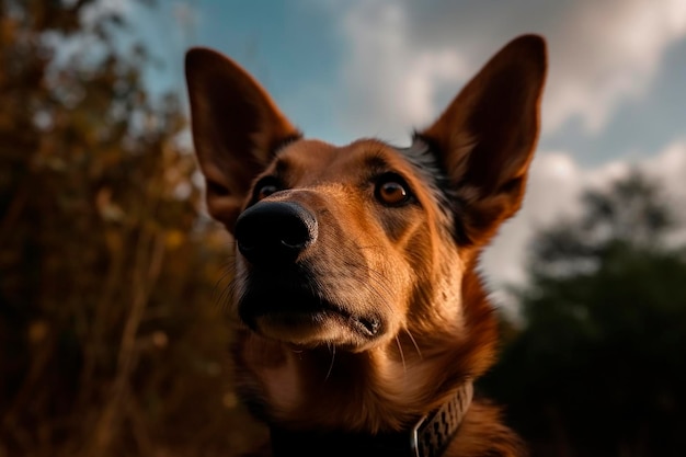 A dog with a blue collar and a black nose looks up at the sky