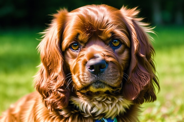 A dog with a blue collar is sitting in the grass.