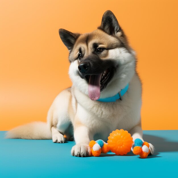 青い首輪をした犬がおもちゃの隣にいます。