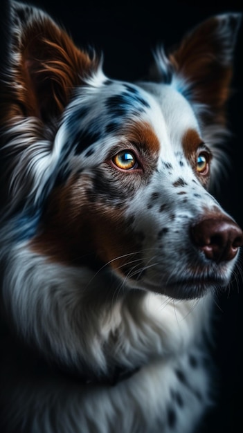 A dog with blue eyes and a black background