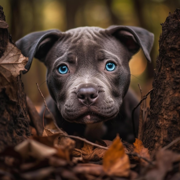 A dog with blue eyes is looking over a branch