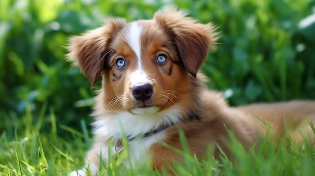 A dog with blue eyes laying in the grass