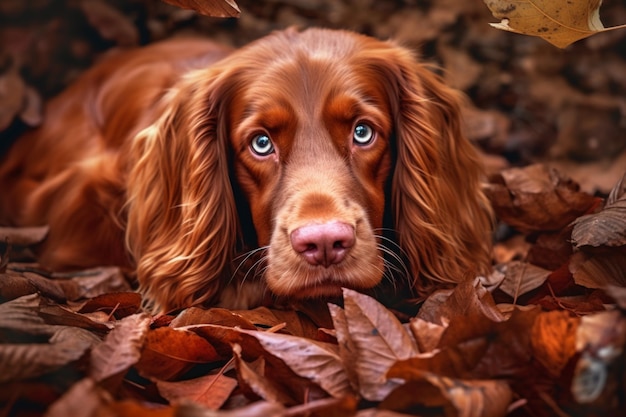 青い目の犬が木の葉の間に横たわっている