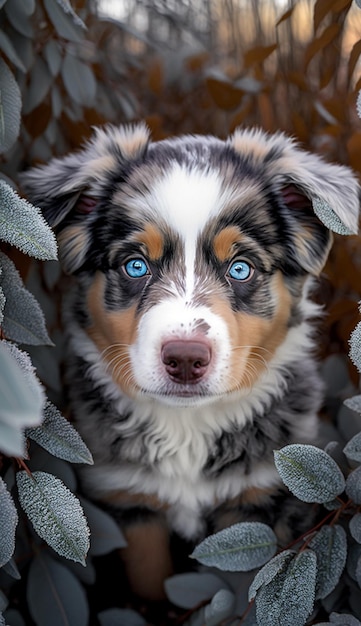 Собака с голубыми глазами сидит в кустах.