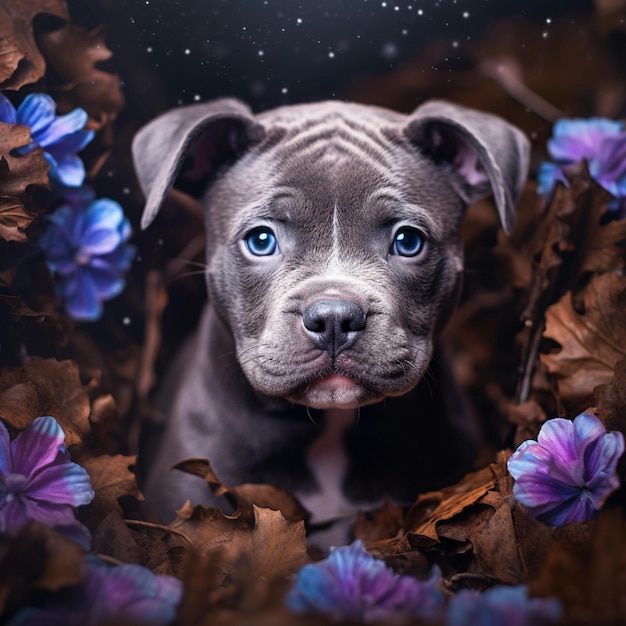 Photo a dog with blue eyes sits in a leafy forest.