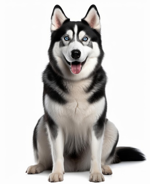 A dog with blue eyes sits on a white background.