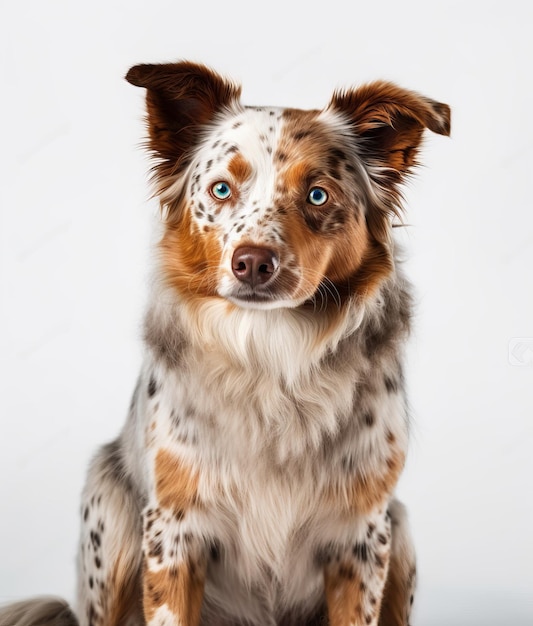 A dog with blue eyes sits on a white background.