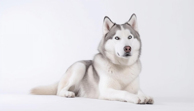 A dog with blue eyes and a white and black fur.