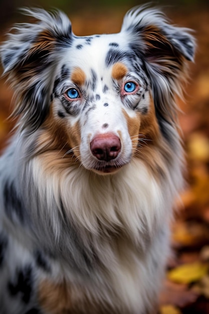 A dog with blue eyes and a white coat with a black border collie in the woods.