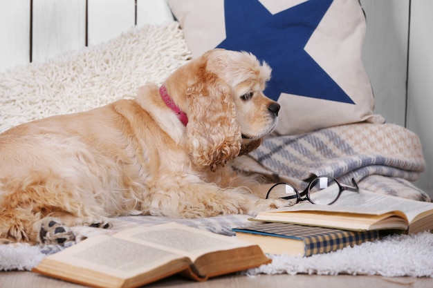 Photo dog with books on sofa inside