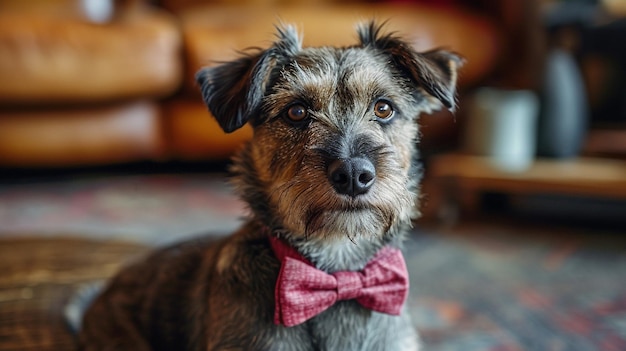 A dog with a bow tie around its necko
