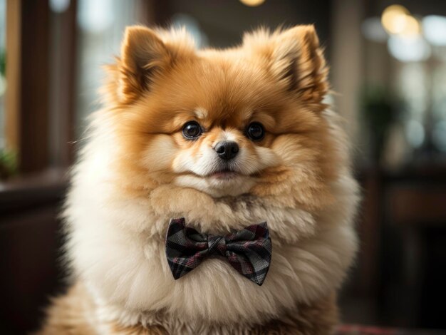 Photo a dog with a bow tie sitting on a table in a room