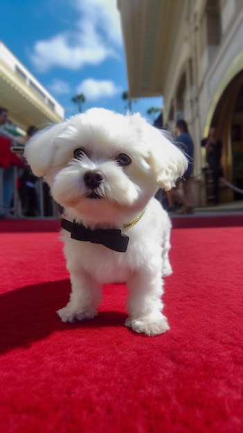 A dog with a bow tie stands on a red carpet.