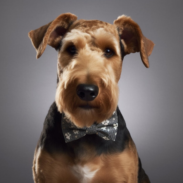 A dog with a bow tie that says'schnauzer'on it