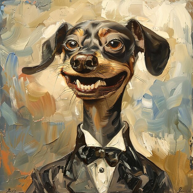 a dog with a bow tie and tuxedo on it