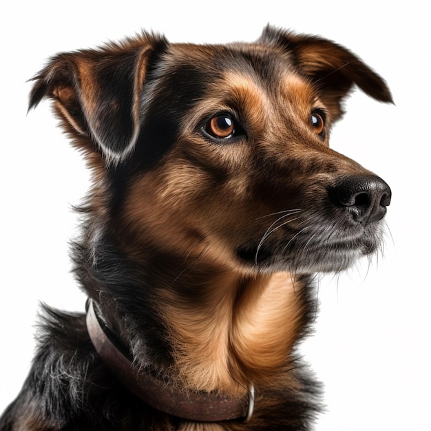 A dog with a brown collar and a brown collar is looking up.