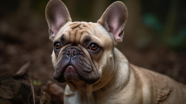 A dog with a brown face and a brown face is sitting in the woods.