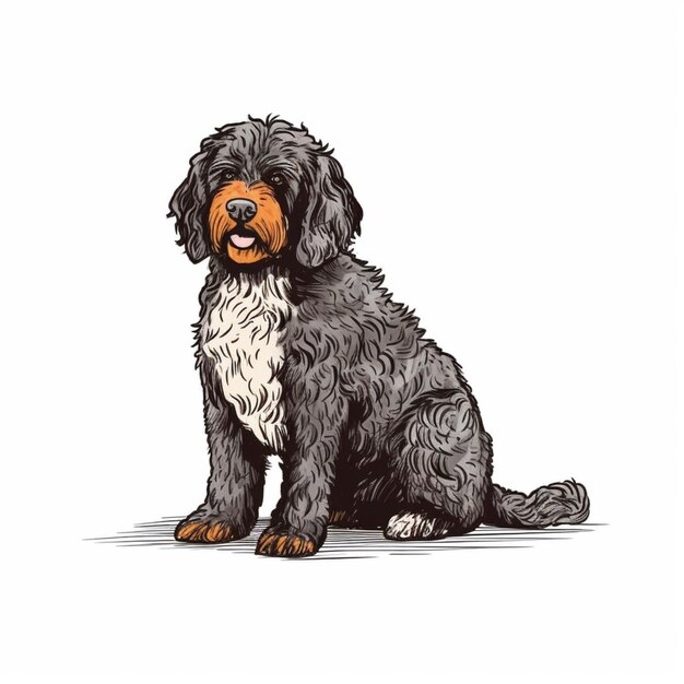 A dog with a brown face sits in a white background.