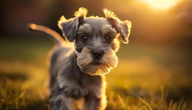 a dog with a brown face and a sunset background