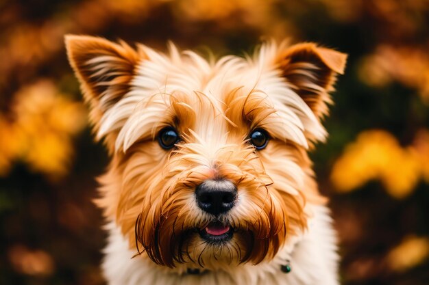 茶色の鼻と黒い鼻を持つ犬がカメラを見ています。