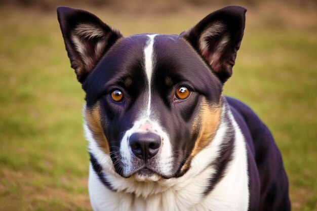 Собака с коричневым носом и белой грудью с черным носом и карими глазами.