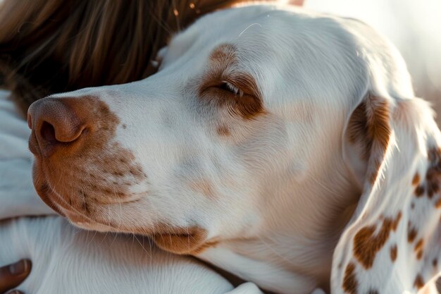 茶色の斑点と青い目を持つ犬が人の胸に横たわっている