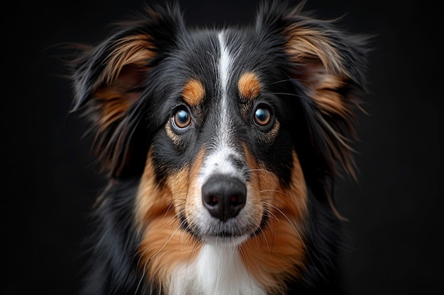 a dog with a brown and white face and a black background