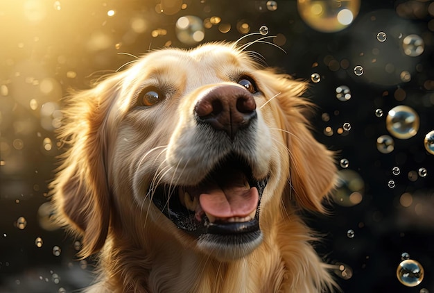 a dog in a with bubbles over his head in the style of clean and streamlined