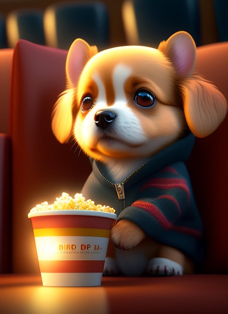 A dog with a bucket of popcorn in front of him