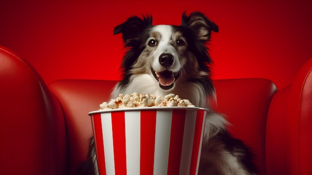 A dog with buckets of popcorn on a red chair