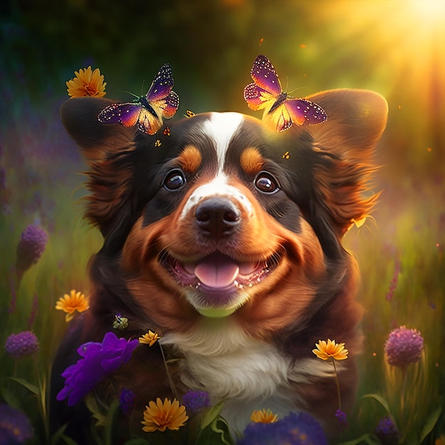 A dog with a butterfly on his head is in a field of flowers.