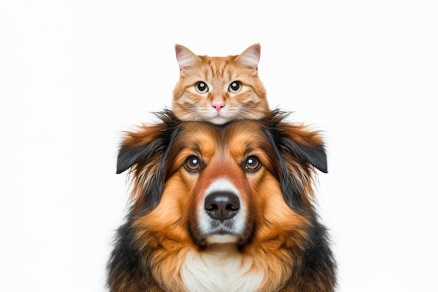 단단한  ⁇ 색 배경 에 머리 위 에 고양이 가 있는 개