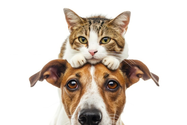 Dog with cat on top of its head White Background