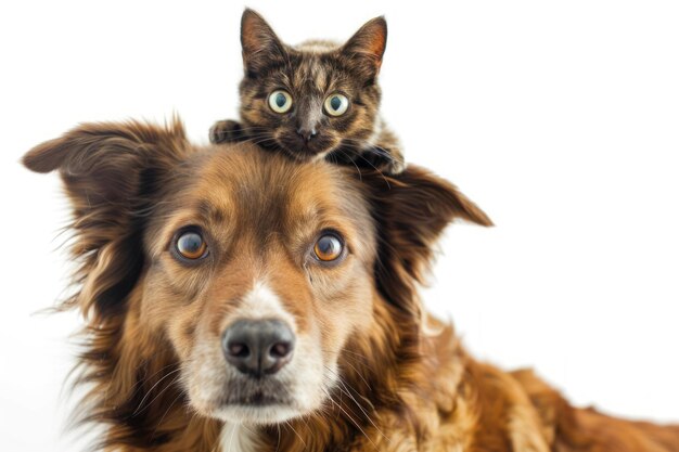 Dog with cat on top of its head White Background