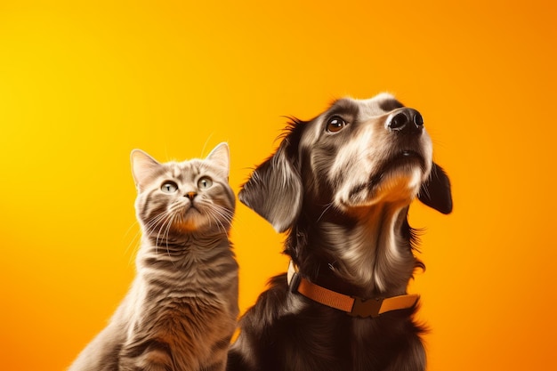 A dog with a cat on a yellow background pet concept generative ai