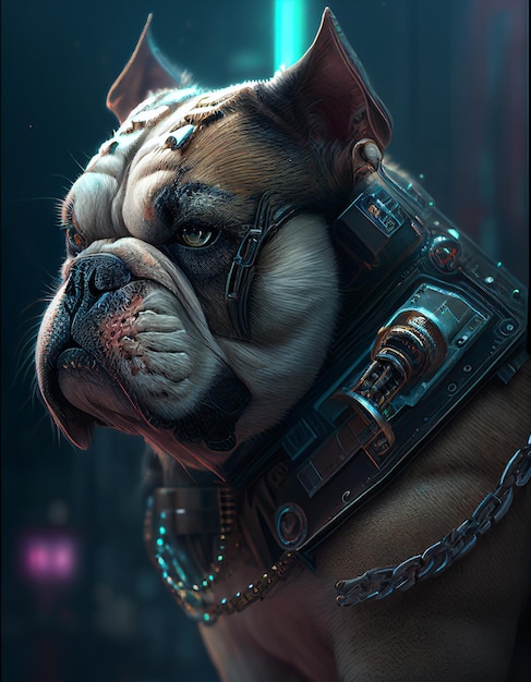 A dog with a chain around its neck is shown in this digital painting.