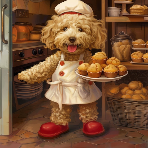 Foto un cane con un cappello da chef che tiene un vassoio di muffin