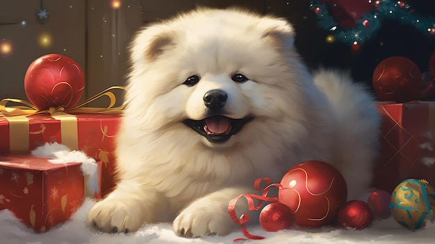 Собака с рождественским украшением