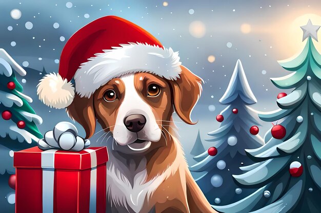 Dog with Christmas hat and gift box Generative AI illustration