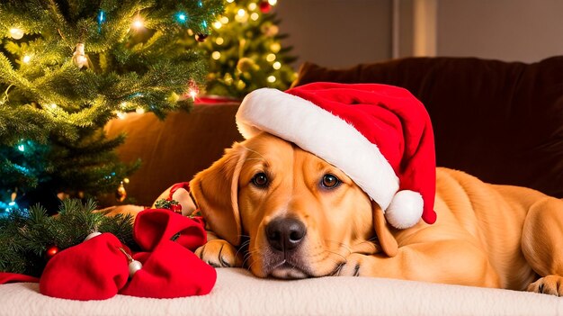 Foto cane con cappello di natale sdraiato sul divano