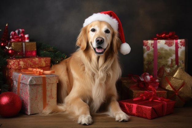 Dog with Christmas hat and presents