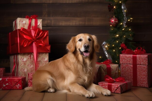 Dog with Christmas hat and presents