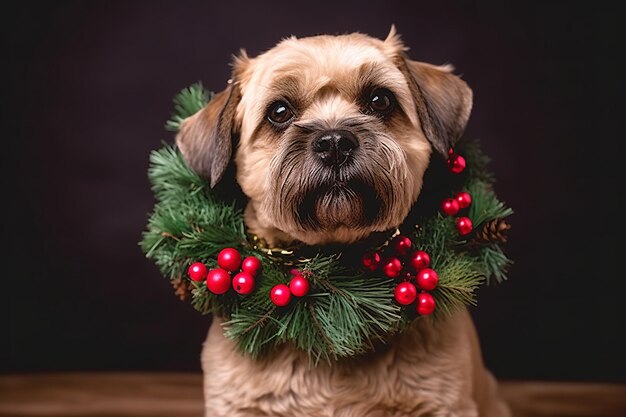 Photo dog with a christmas wreath around his neck