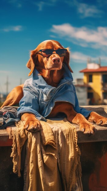 A dog with clothes is lying on the roof traveling at the beach