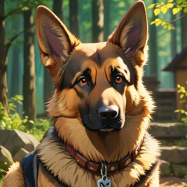 A dog with a collar and forest on his background