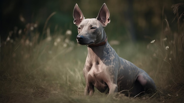 首輪をした犬が草の中に座っている