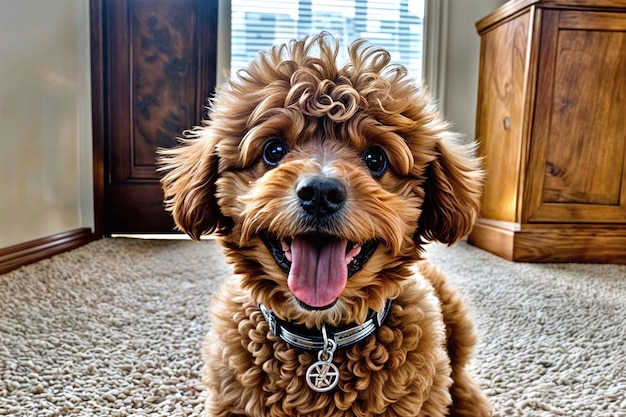 ネクタイをかぶった笑顔の犬 幸せな犬