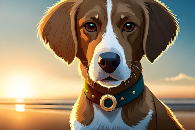 a dog with a collar on and a sunset background