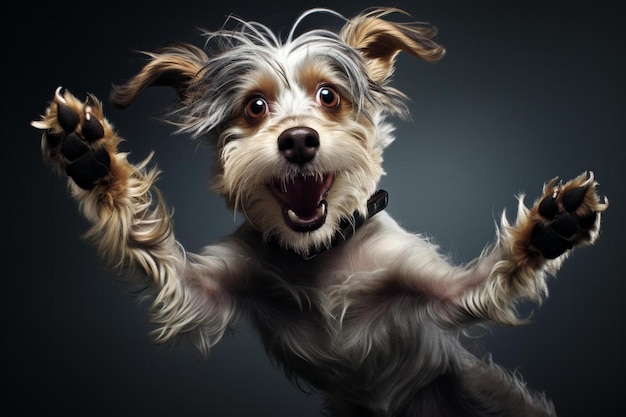 A dog with a collar that says " happy " on it.