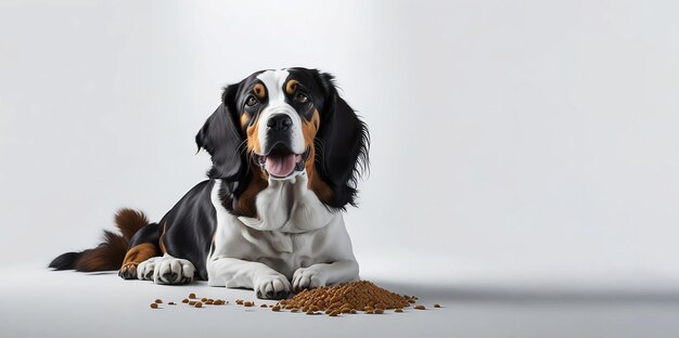 「ペットフード」と書かれた首輪をつけた犬